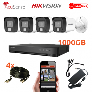 4 lauko/vidaus cilindrinių vaizdo kamerų komplektas Hikvision HIK-3K, 5 MP raiška, AI, Hybrid IR+LED