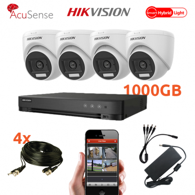 4 lauko/vidaus kupolinių vaizdo kamerų komplektas Hikvision HIK-3K, 5 MP raiška, AI, Hybrid Light