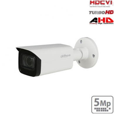 HD-CVI cilindrinė kam. STARLIGHT 5MP, LXIR pašvietimas iki 80m.,1/2.8" 3.6mm 79°, IP67, su mikrofonu